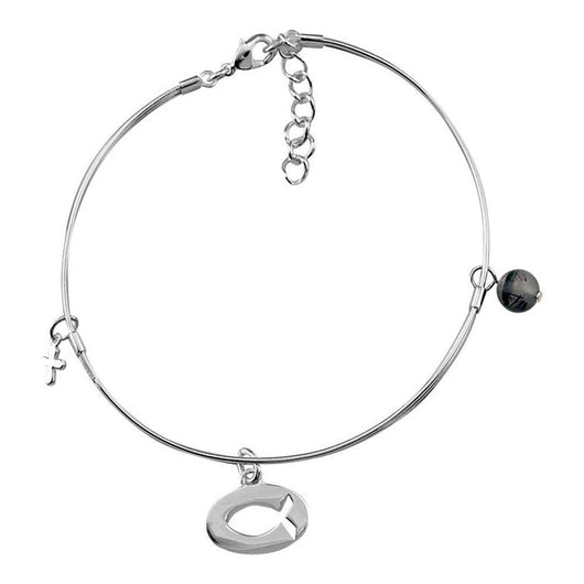 Silver Bangle - Ichthys Oval, Cross, Black and White Bead