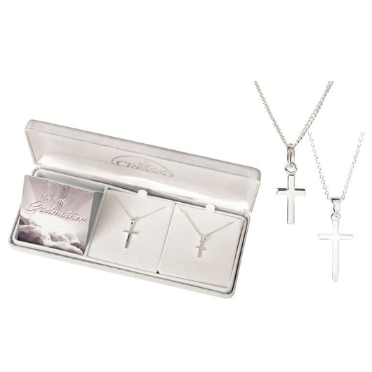 Godmother and Child Cross Necklaces - Silver Plated with 18 and 13 inch Chains