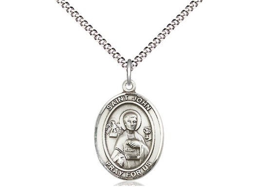 St. John the Apostle Sterling Oval Medal With 18” Light Curb Chain
