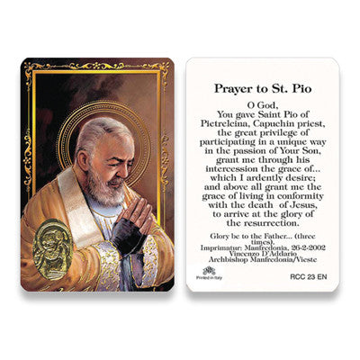 Saint Pio Embossed Medal  Prayer Card
