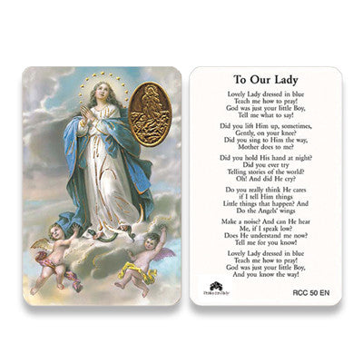 Lovely Lady Dressed in Blue   Embossed Medal Prayer Card