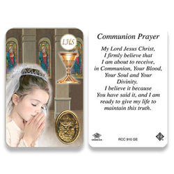 1st Communion Girl Embossed Medal Contemporary Image Prayer Card