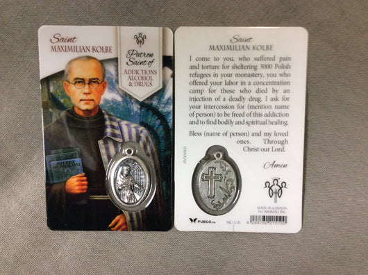 Saint Maximilian Kolbe Patron Saint of Addictions Alcohol & Drugs Prayer Card with Medal