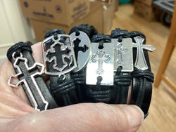 Leather Metal Cross Bracelet Black