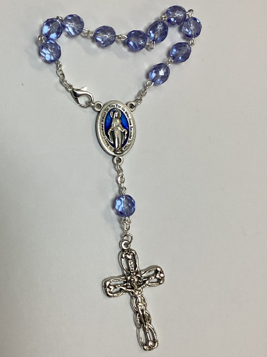 Auto Decade Rosary - Blue Crystal Beads and Blue Miraculous Medal