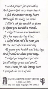 Divine Mercy  I Said a Prayer for You Today Paper Prayer Card