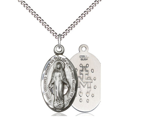 Miraculous Medal, Sterling, Oval with 18” Light Curb Chain