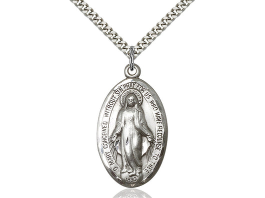Miraculous Medal, Sterling, Oval, Large with 24” Heavy Curb Chain