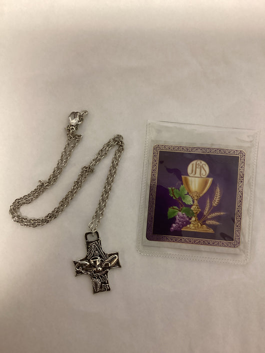 First Communion Cross Pendant with Prayer Card