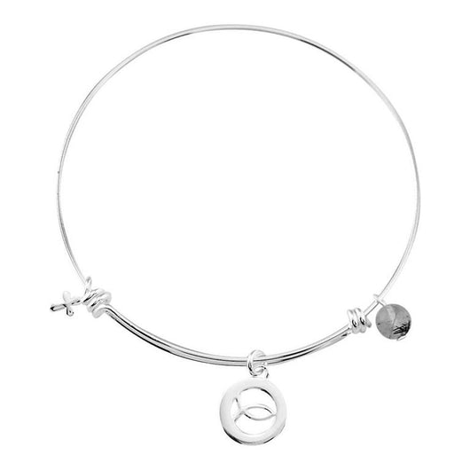 Silver Bangle - Ichthys Circle, Cross, Black and White Bead
