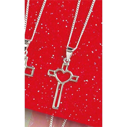 Open Heart in Cross Necklace - Silver Plated with 18 inch Chain