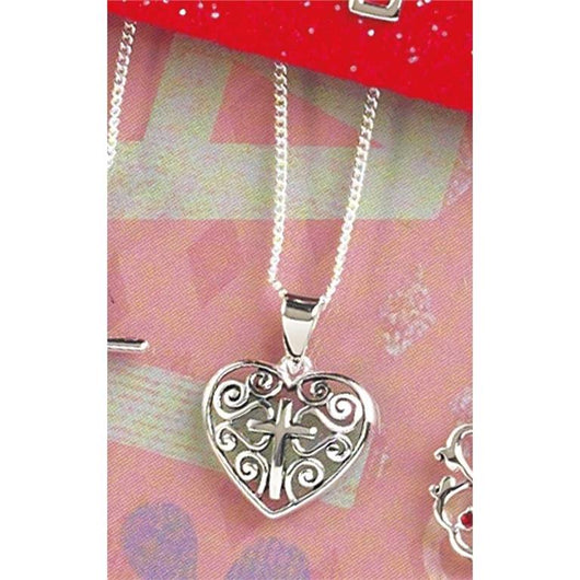Filigree Heart with Cross Necklace - Silver Plated with 16 inch Chain