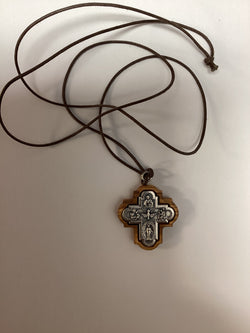 Holy Spirit Wood Inlay Metal Crucifix