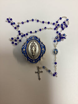 Metal Rosary Case with Blue Enamel Miraculous Medal Containing Crystal Blue Rosary