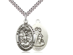 St. Michael Sterling Large Oval Medal With 24” Large Curb Chain