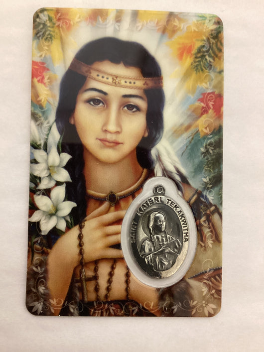 Saint Kateri Tekakwitha Laminated Holy Card with Medal