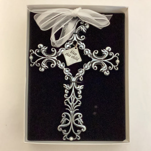 Bless This Child Filigree Cross with White Ribbon