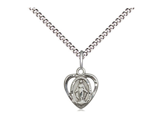 Miraculous Medal Heart Sterling Silver Medal with 18” Chain