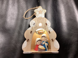 Nativity Holy Family Hanging Ornament with Star Light, 4”