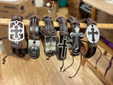Leather Metal Cross Bracelet Brown