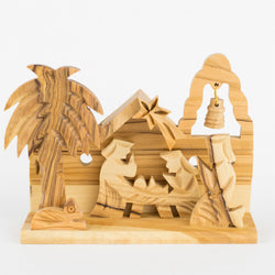 Olive Wood Nativity Grotto with Bell Ornament