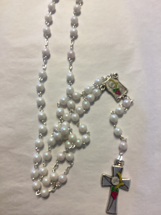 First Communion Frosted White Rosary