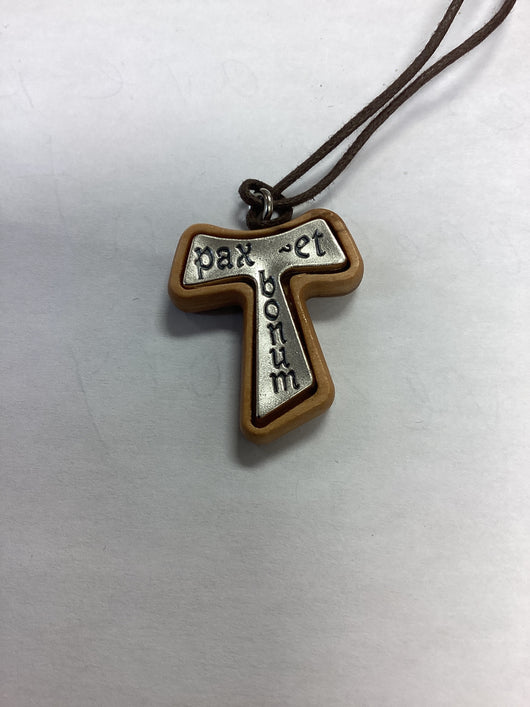 Tau Cross Olive Wood With Metal Insert “ Pax et bonum”