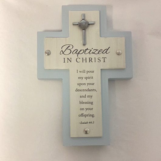 Baptized in Christ Cross - Blue With Silver Cross and Scallop Shell