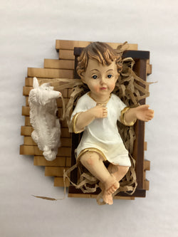 Olive Wood Manger with Baby Jesus and a Lamb - 3”