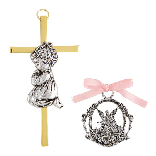 Cross With a Girl & Guardian Angel Crib Medal