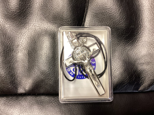 St. Benedict 3 Inch Silver White Crucifix Necklace