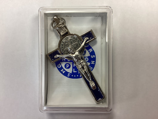 Saint Benedict Silver Blue Enamel 3 in. Crucifix