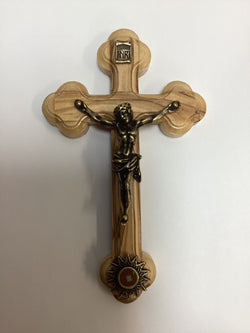 Olive Wood Crucifix with Bonze Corpus and Relic - 5 1/2”