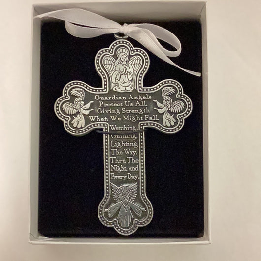 Guardian Angel Pewter Crib Cross with White Ribbon