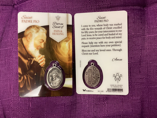 Saint Padre Pio Patron Saint of Pain and Healing Card with Medal