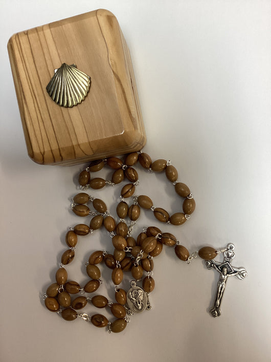 Olive Wood Rosary and Box with Baptism Symbol
