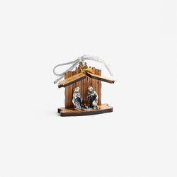 Olive Wood and Metal Nativity Hut Ornament