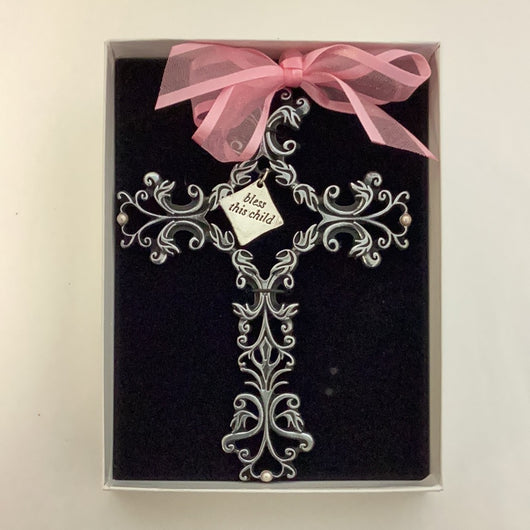 Bless This Child Filigree Cross with Pink Ribbon
