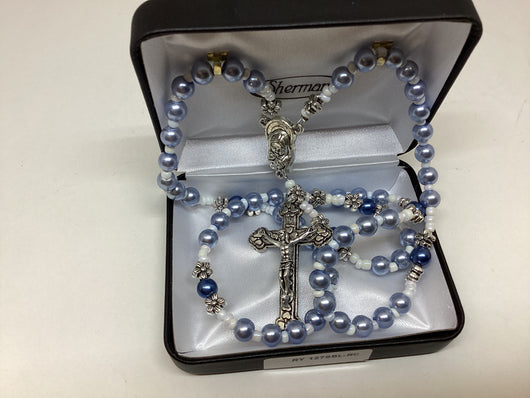 Blue Glass Bead Flower Rosary Boxed