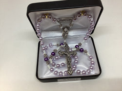 Amethyst Glass Bead Flower Rosary Boxed