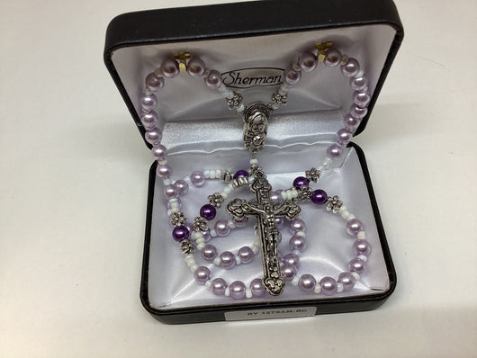 Amethyst Glass Bead Flower Rosary Boxed