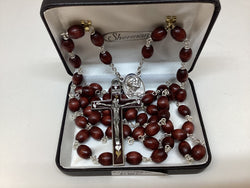 Brown Wood Rosary with Enamelled Crucifix Boxed