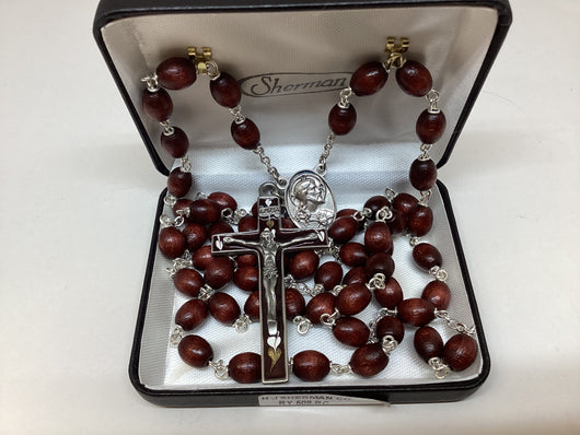Brown Wood Rosary with Enamelled Crucifix Boxed
