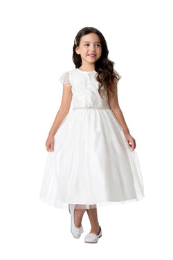 First Communion Sequin ScallopSleeve Lace With Satin and Crystal Tulle