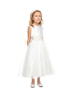 First Communion Satin and Tulle Dress With Pearl Lace Patch and Neckline