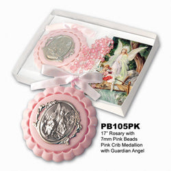 Crib Medal with Rosary Set - Pink