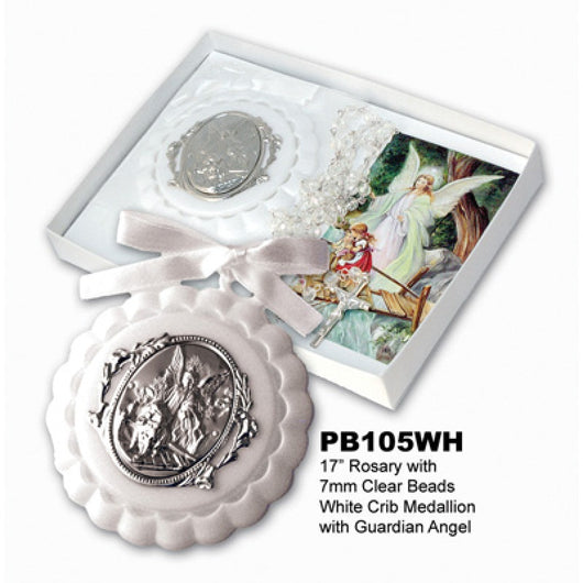 Crib Medal with Rosary Set - White