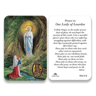 Our Lady of Lourdes Embossed Medal Prayer Card