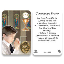 1st Communion Boy Embossed Medal Contemporary Image Prayer Card