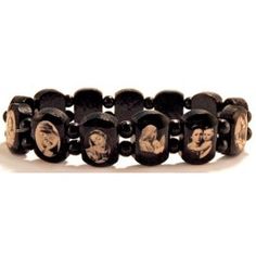 Jeweled Cross - Brown Stretch Bracelet with Black & White Photos of Jesus and Mary